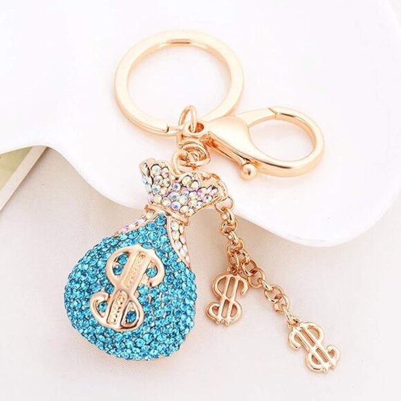 Money Bag Dollar Sign Crystal Sparkling Keychain Handbag Charm Blue - Picture 1 of 2